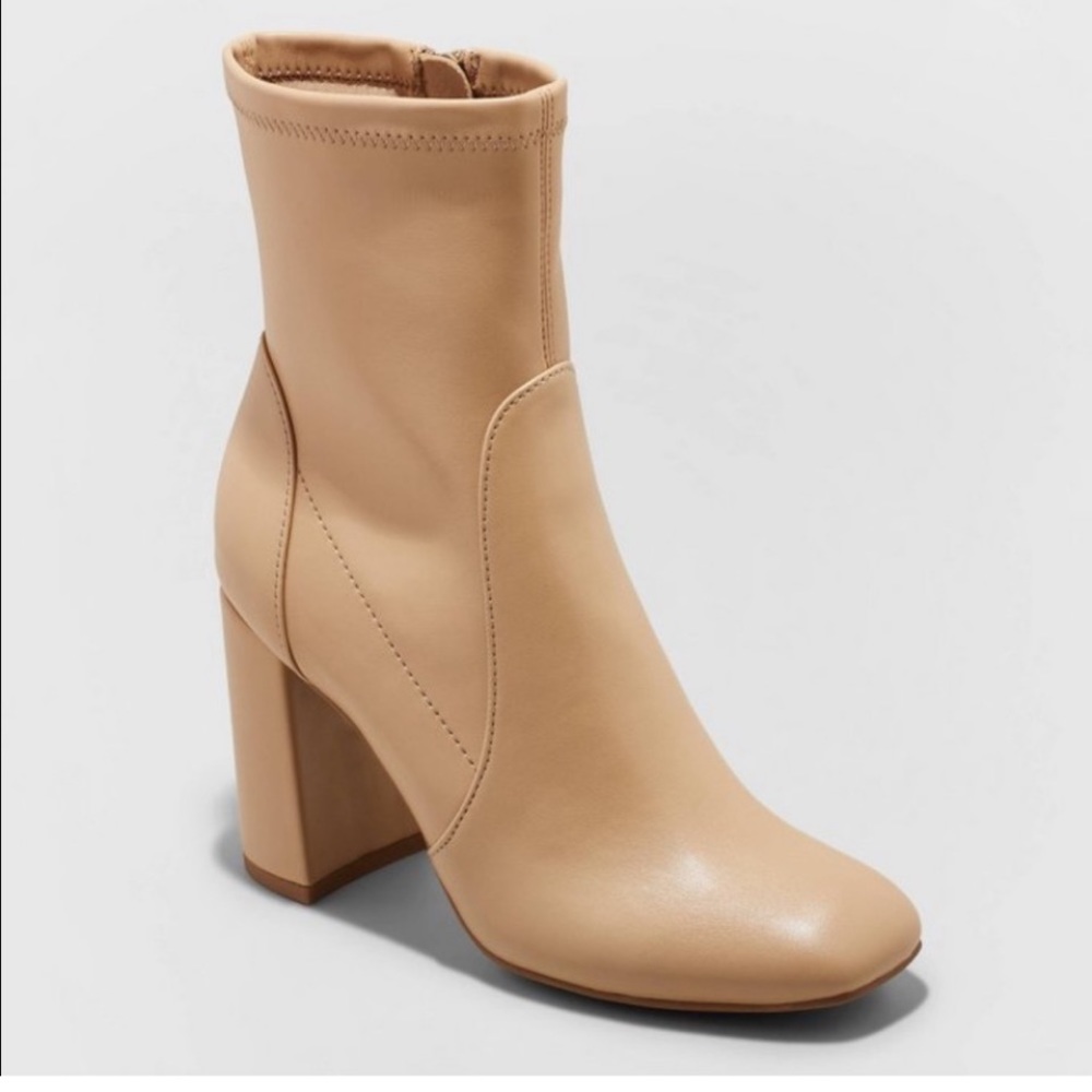 A NEW DAY•Penelope tan sock stretch ankle heeled boots 7.5W NIB